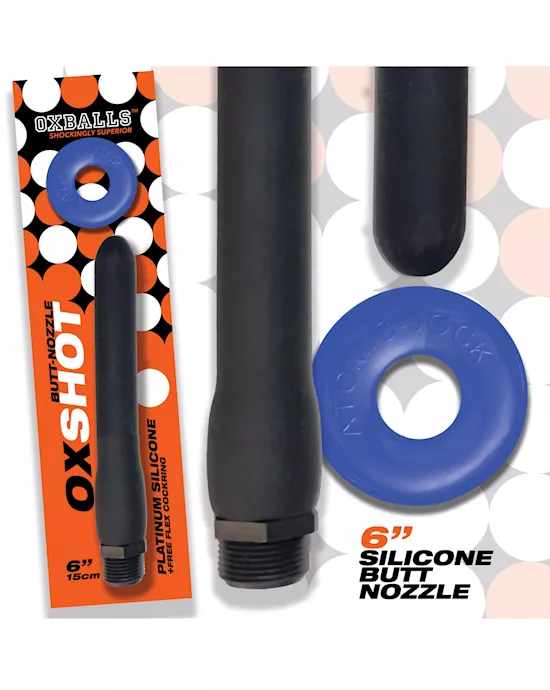 Oxballs Oxshot 6" Silicone Butt Nozzle W/flex Cockring - Black/blue