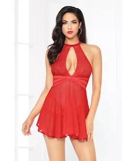 Lace Mesh Babydoll wStrappy Waist amp Panty wCriss Cross Waistband Red MD