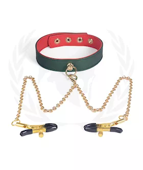 Spartacus PU Collar wNipple Clamps  Green