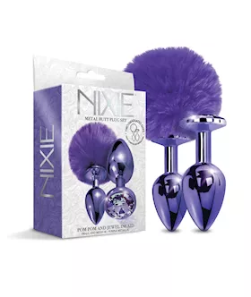 Nixie Metal Butt Plug Set wJewel Inlaid amp Pom Pom  Purple Metallic