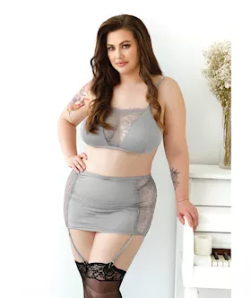 Curve Layne Lace amp Microfiber Bralette wGarter Skirt amp GString Gray 1X2X