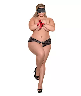 Love amp Bondage Split Back Lace Booty Short Blindfold amp Wrist Ties Black QN