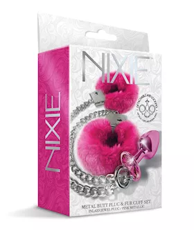 Nixie Metal Butt Plug wInlaid Jewel amp Fur Cuff Set  Pink Metallic