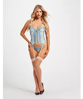Lace amp Mesh Bustier wLace Up Center Garter Belt amp Thong Blue XL