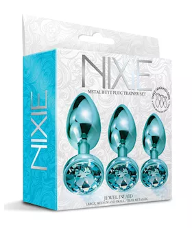 Nixie Metal Butt Plug Trainer Set wInlaid Jewel  Blue Metallic