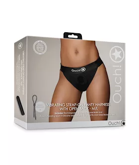 Shots Ouch Vibrating Strap On Panty Harness wOpen Back  Black ML