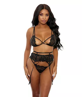 Eyelash Lace Bra High Waist Garter Belt amp GString Black MD