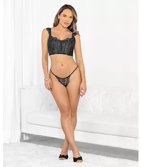 Silver Lurex Lace Corset Top wGString BlackSilver SM