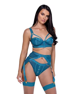 Studs amp Kisses Balconette Cup wUnderwire Bra Garter Belt amp Panty Teal LG