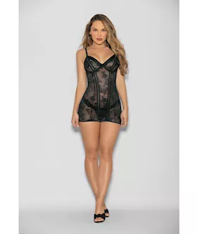 Flame FETISH Boss Lady Lace Up Back Chemise amp Wide Band Thong Black SM