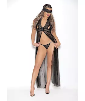 Euphoria Long Gown wPeek A Boo Cups Open Crotch Panty amp Mask Black OS