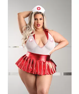 Play Pulse Check Collared Teddy wOpen Back Pleated Skirt Medic Hat amp Pasties RedWhite 1X2X