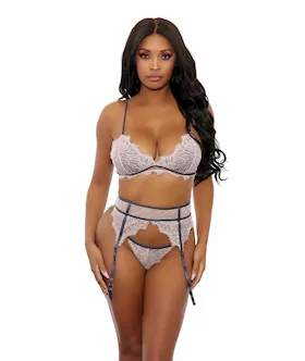 Floral Lace Bra Cage Garter Belt amp GString Dusty Pink XL