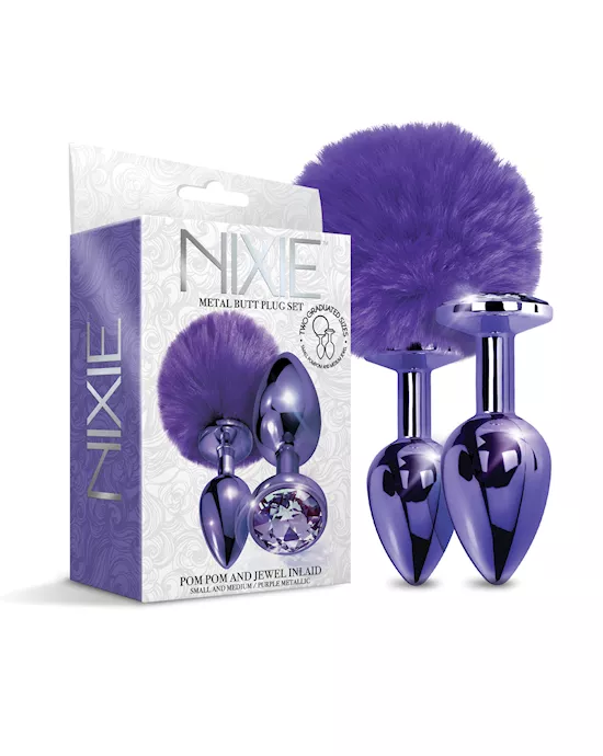 Nixie Metal Butt Plug Set w/Jewel Inlaid & Pom Pom - Purple Metallic