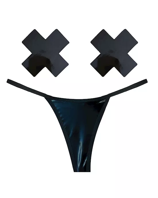 Neva Nude Naughty Knix Dom Squad Wet Vinyl G-String & Pasties - Black O/S