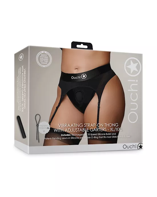 Shots Ouch Vibrating Strap On Thong w/Adjustable Garters - Black XL/XXL