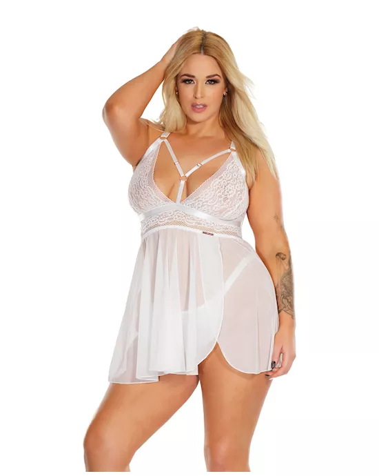 Black Label Net & Scallop Lace Babydoll W/side Slit & Thong White Os/xl