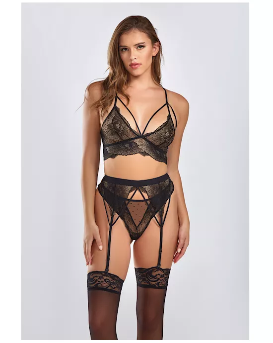 Everly Dot Mesh & Galloon Lace Strappy Bra, Garterbelt & Hipster Panty Black 1X