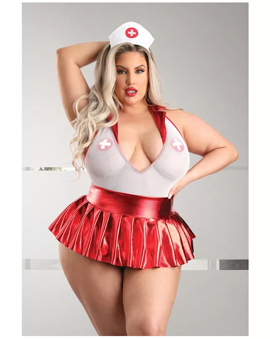 Play Pulse Check Collared Teddy W/open Back, Pleated Skirt, Medic Hat & Pasties Red/white 1x/2x